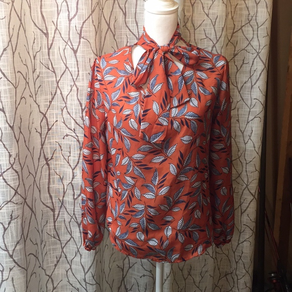 Burnt Orange leaf print tie neck blouse - Picture 1 of 6